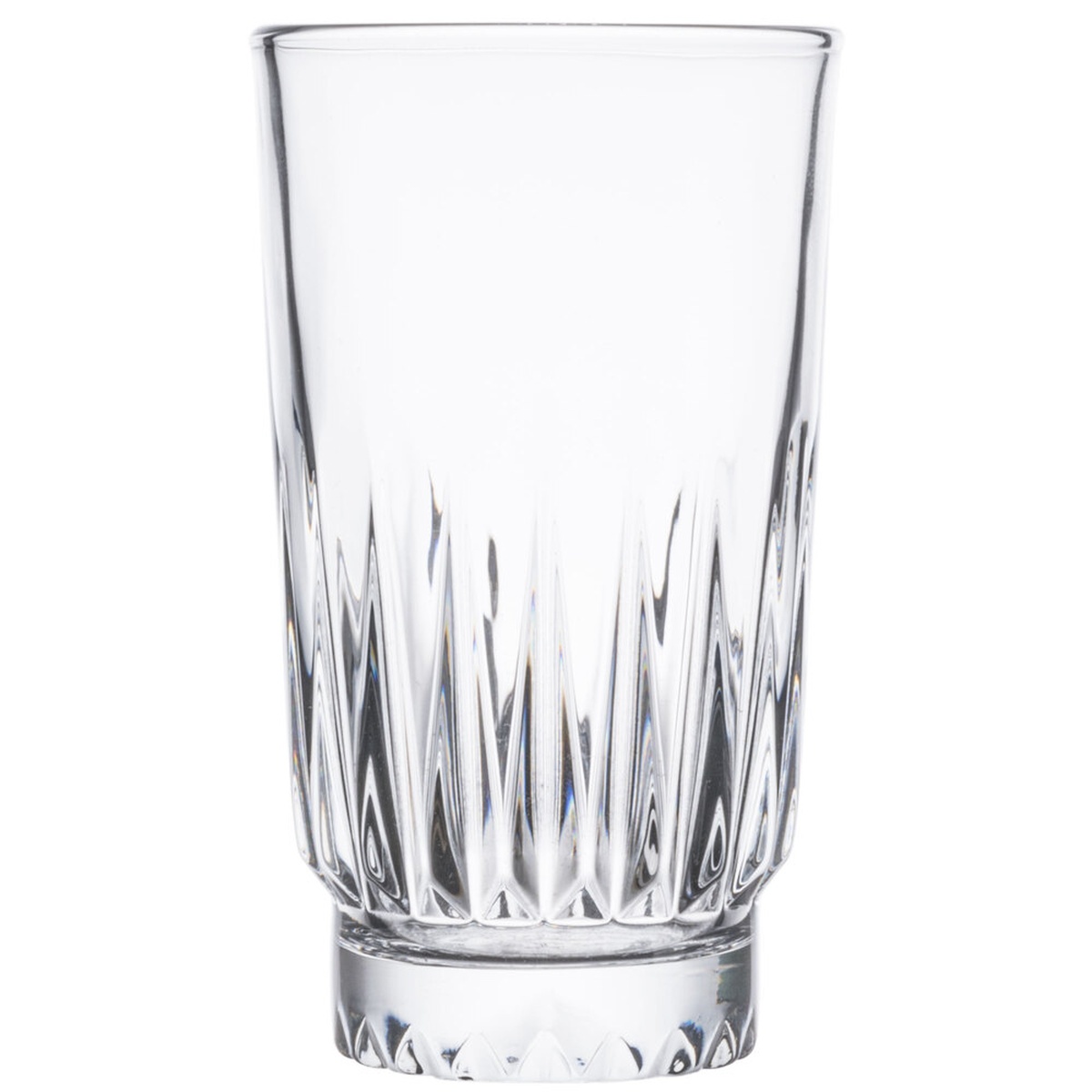 Libbey Winchester 8.75 oz. clear highball glass with peaked ridges around the base on a white background