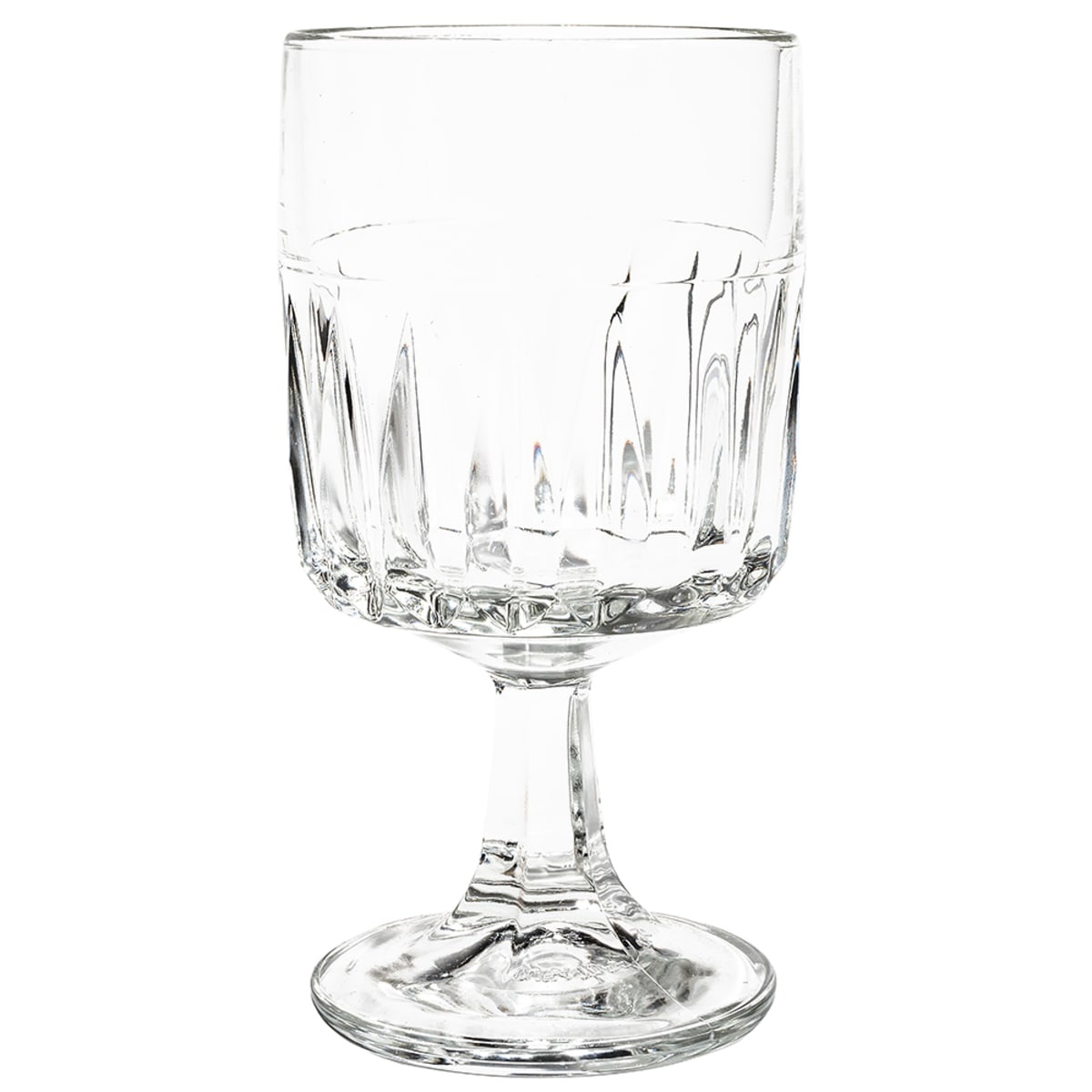 Libbey Winchester 8.5 oz DuraTuff wine glass, front view showing angular geometric panel pattern on bowl and sturdy stem
