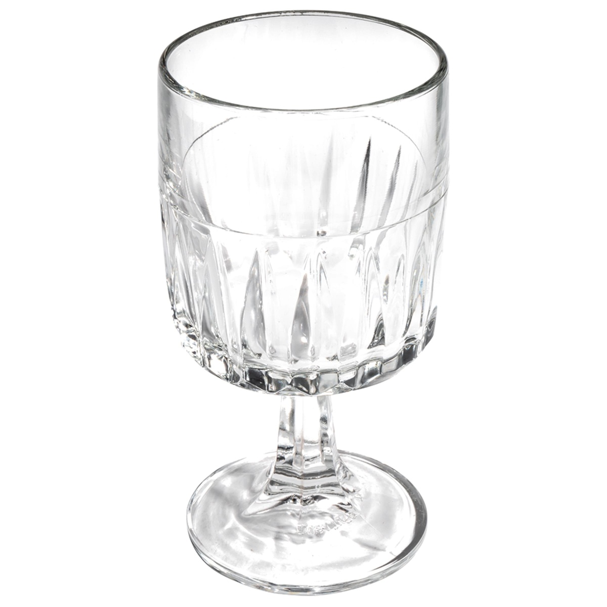 Libbey Winchester DuraTuff wine glass shown at an angle, highlighting the faceted bowl, sturdy stem, and round foot
