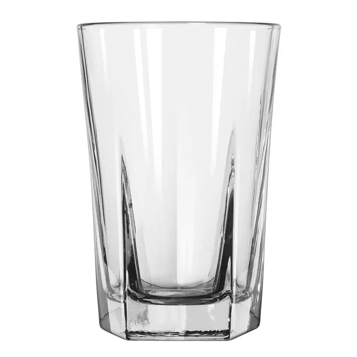 Libbey Inverness 14 oz. beverage glass showing pentagonal base and round rim on white background