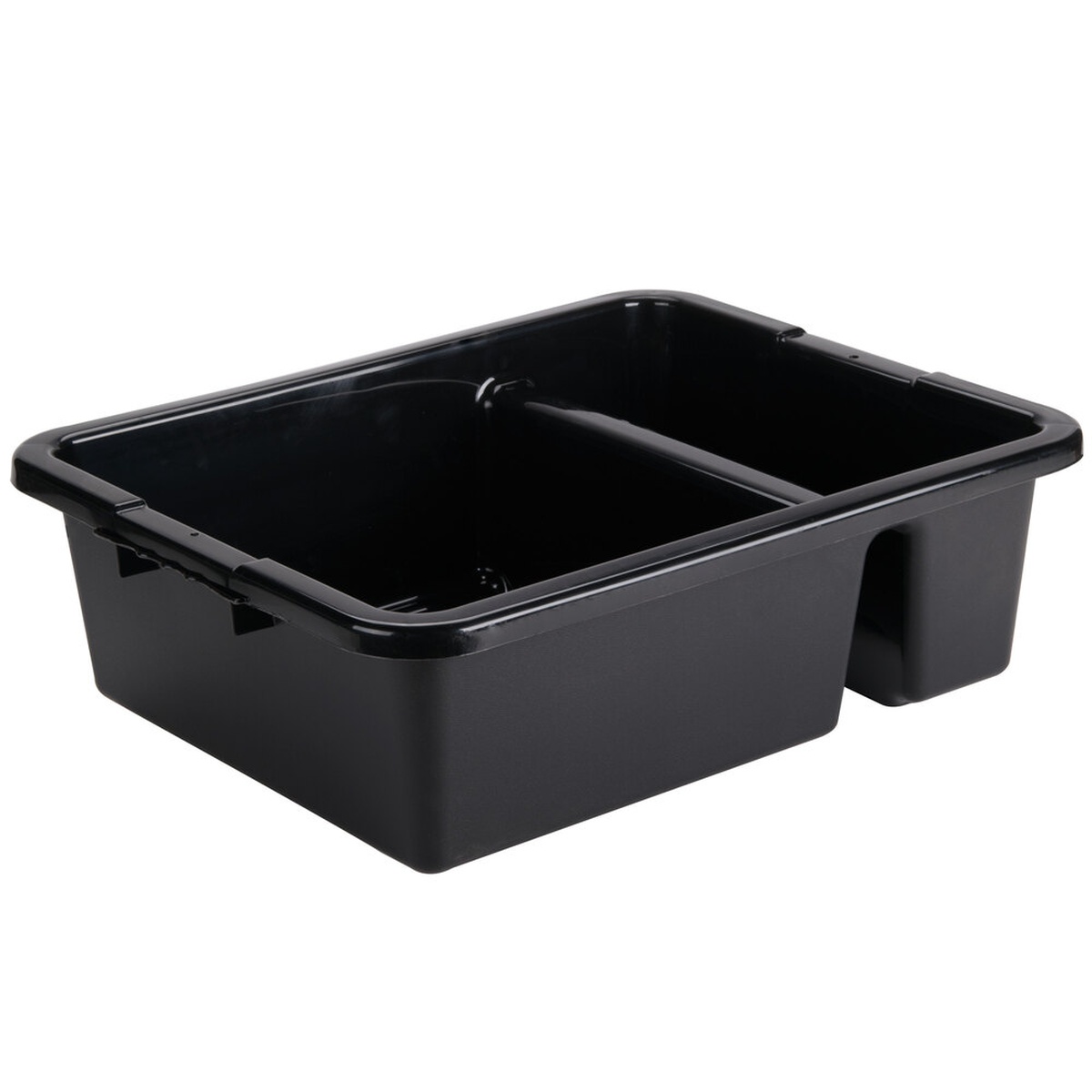 TableCraft 1547B black heavy-duty divided bus tub with two compartments and reinforced side handles, shown from above at an angle