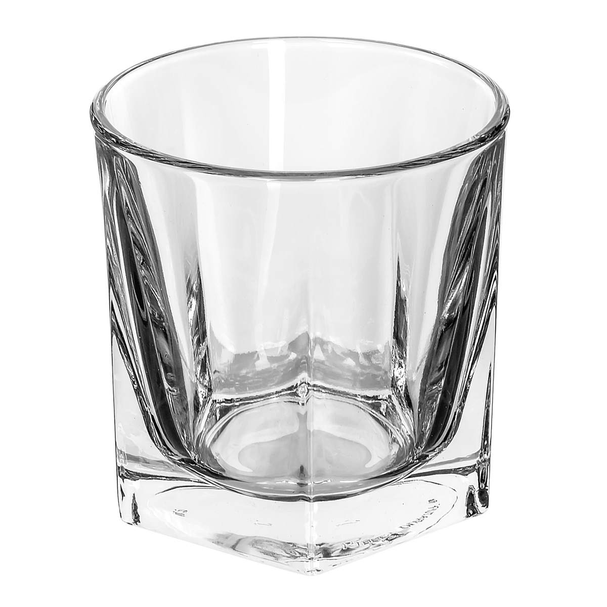 Libbey Inverness rocks glass angled side view highlighting the geometric base and tapered body