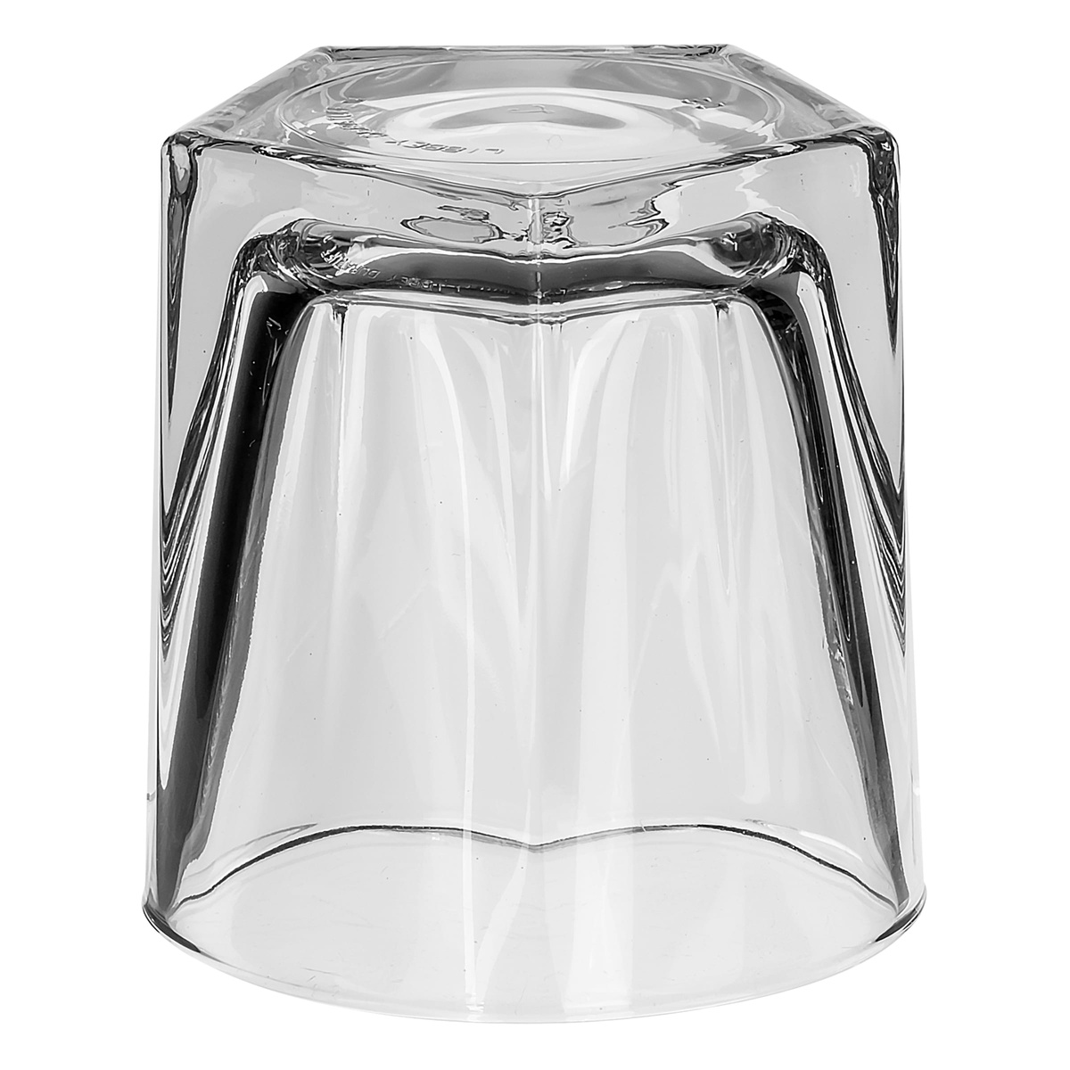 Libbey Inverness rocks glass shown inverted revealing the faceted five-sided base detail
