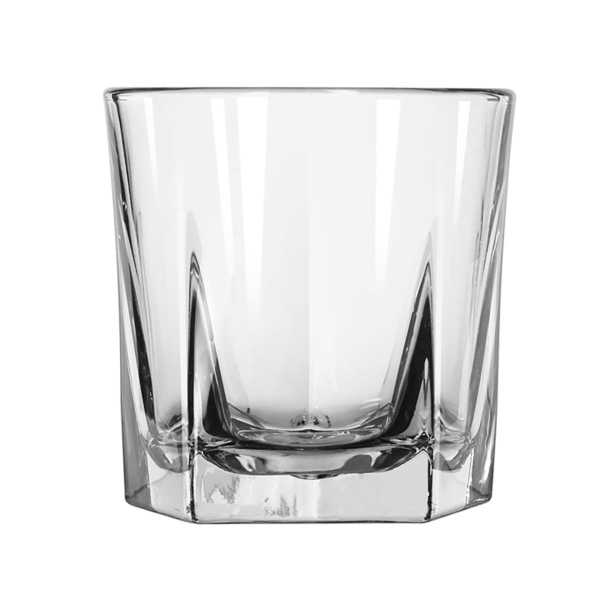 Libbey Inverness 9 oz rocks glass front view showing geometric facets and clear glass