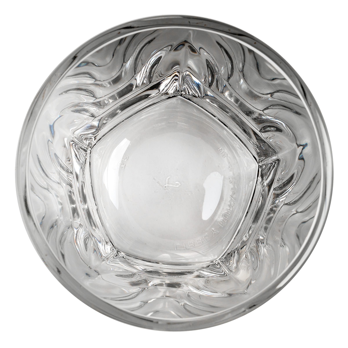 Libbey Inverness rocks glass top-down interior view showing the pentagonal base pattern molded into the glass
