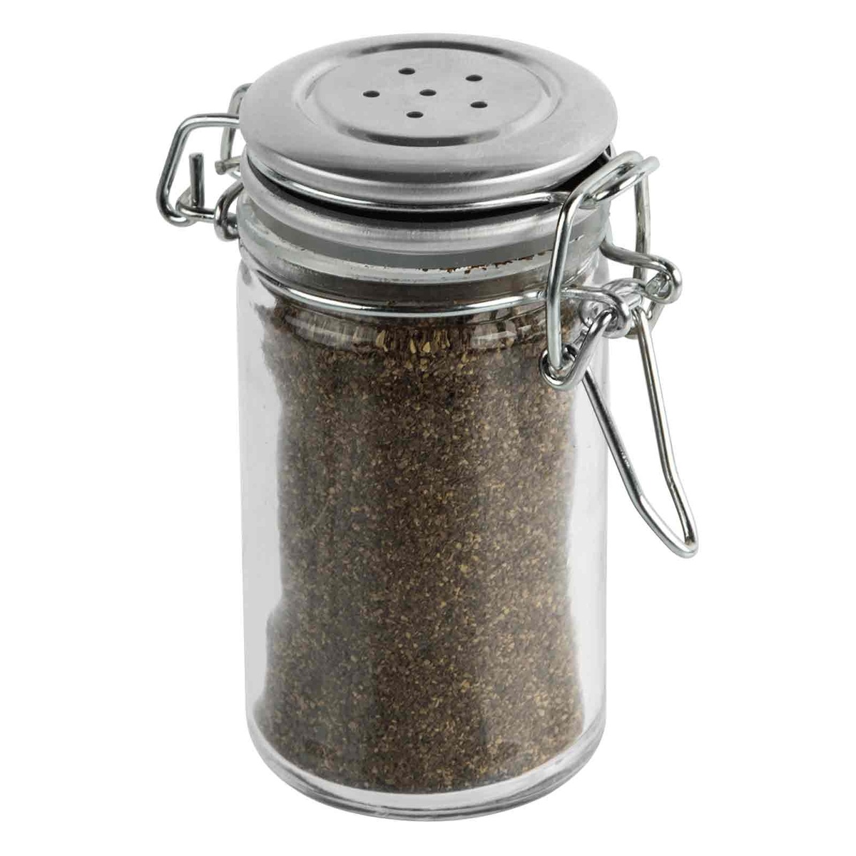 TableCraft resealable shaker filled with black pepper, stainless steel perforated top with wire bail on white background