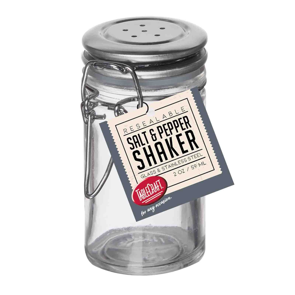 TableCraft resealable salt and pepper shaker with product hang tag showing 2 oz and glass and stainless steel materials