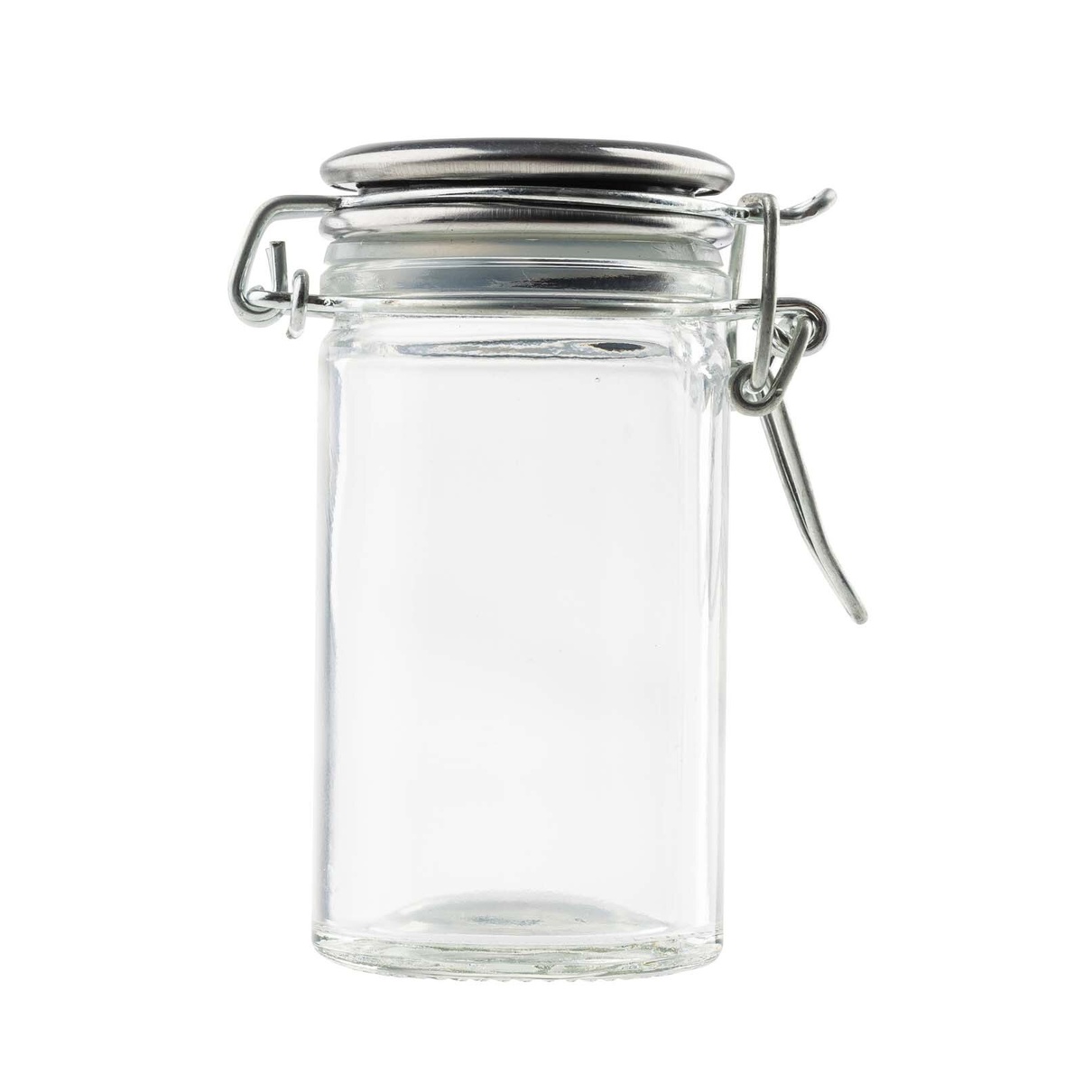 TableCraft resealable salt and pepper shaker with wire bail closure, empty clear glass body on white background