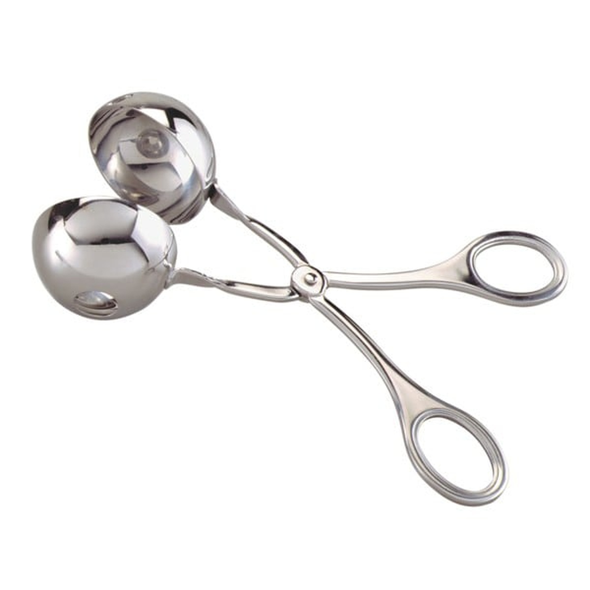 Norpro 155 stainless steel mini meatballer tool with two rounded spherical cups and scissor-style handles