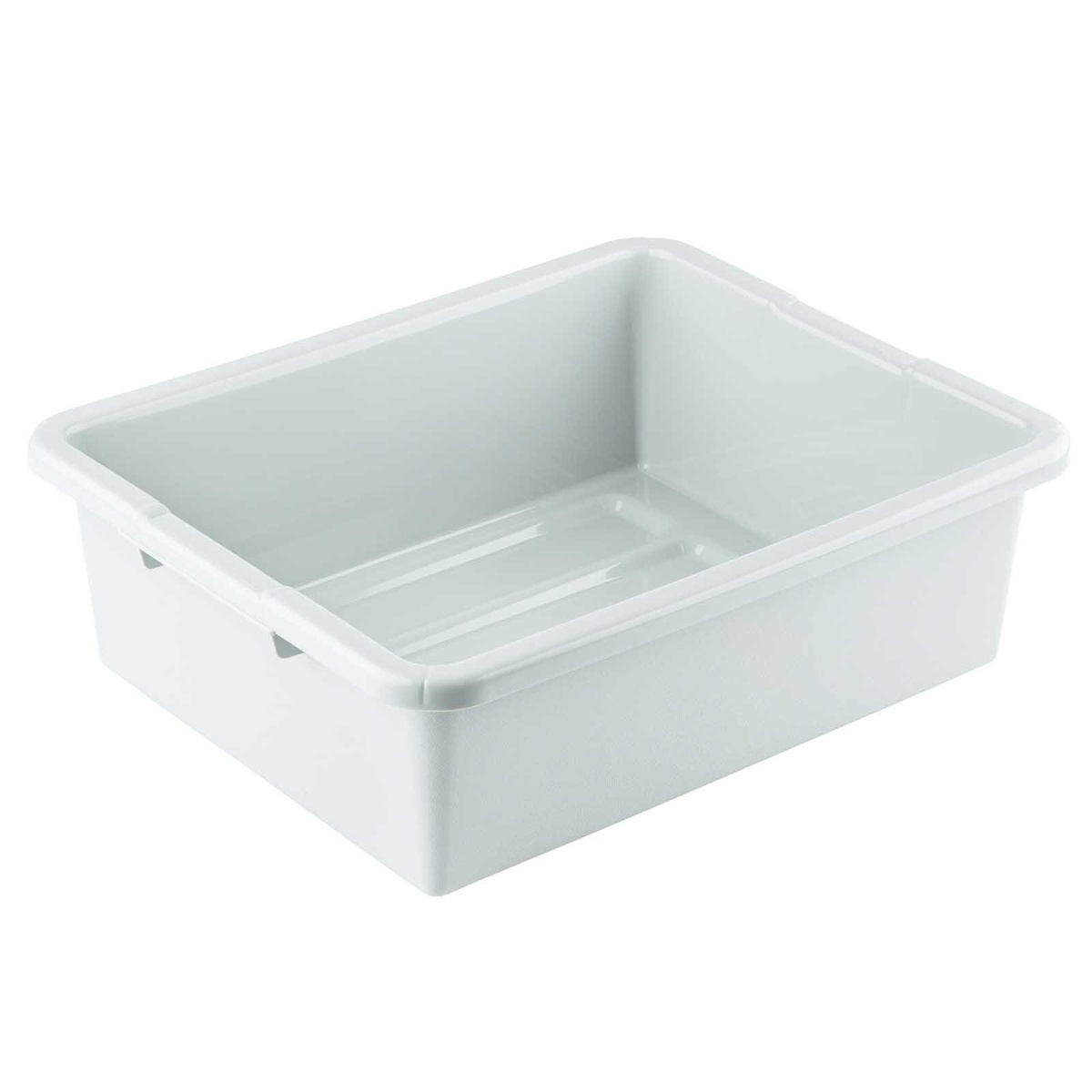 TableCraft 1557G gray bus tub three-quarter angled view showing overall depth and stackable profile