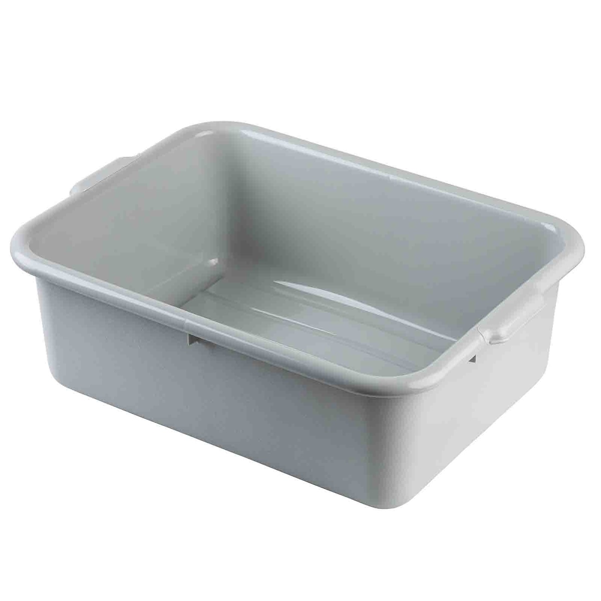 TableCraft 1557G gray heavy duty bus tub angled view showing reinforced side handles and pebbled exterior
