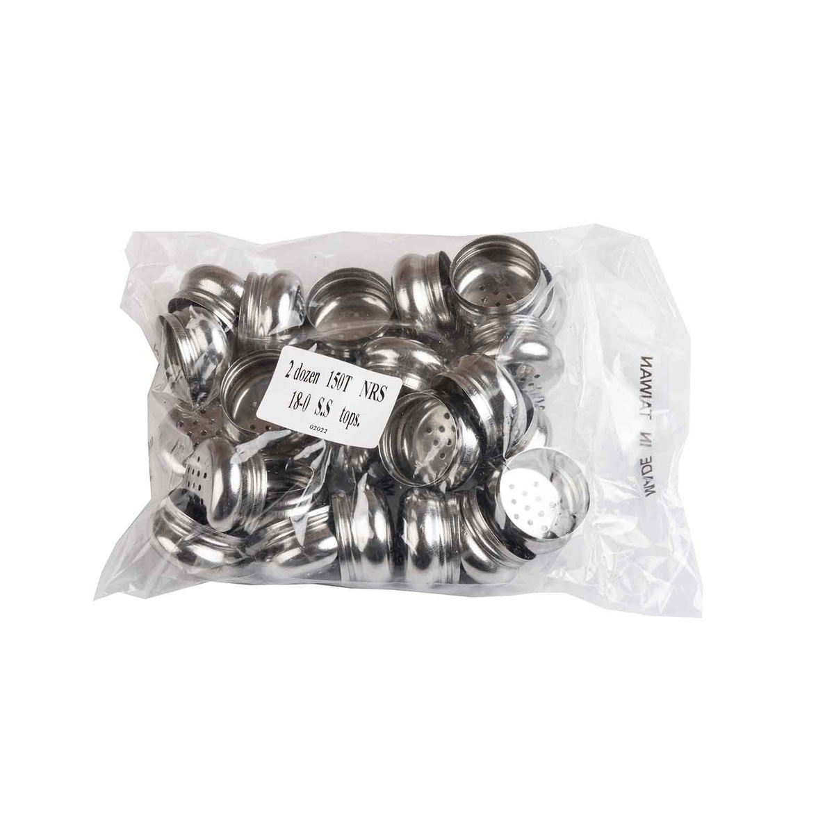 Bag of 18-0 stainless steel replacement shaker tops included with TableCraft 155S&P-2 set