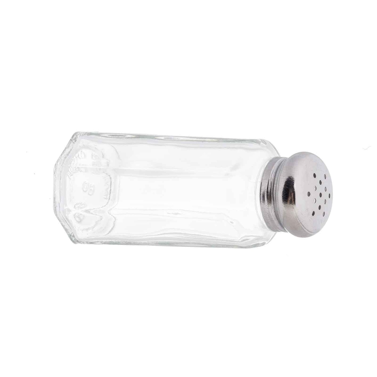 TableCraft paneled glass shaker on its side showing stainless steel perforated top detail
