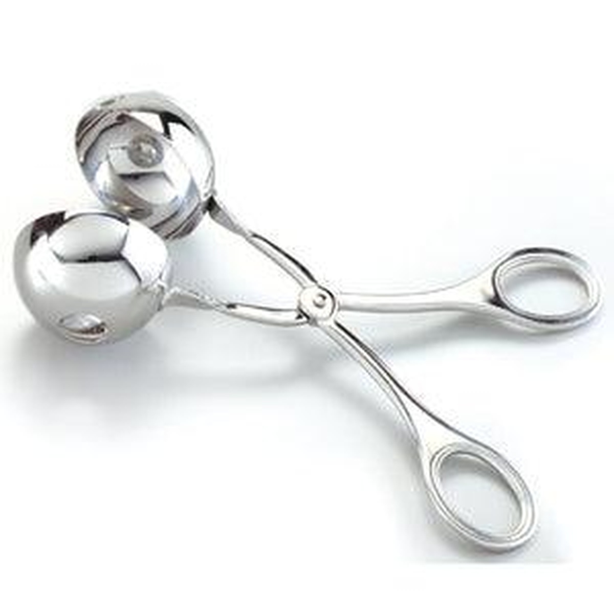 Norpro stainless steel meatballer with scissor-grip tong design and dual round scooping heads