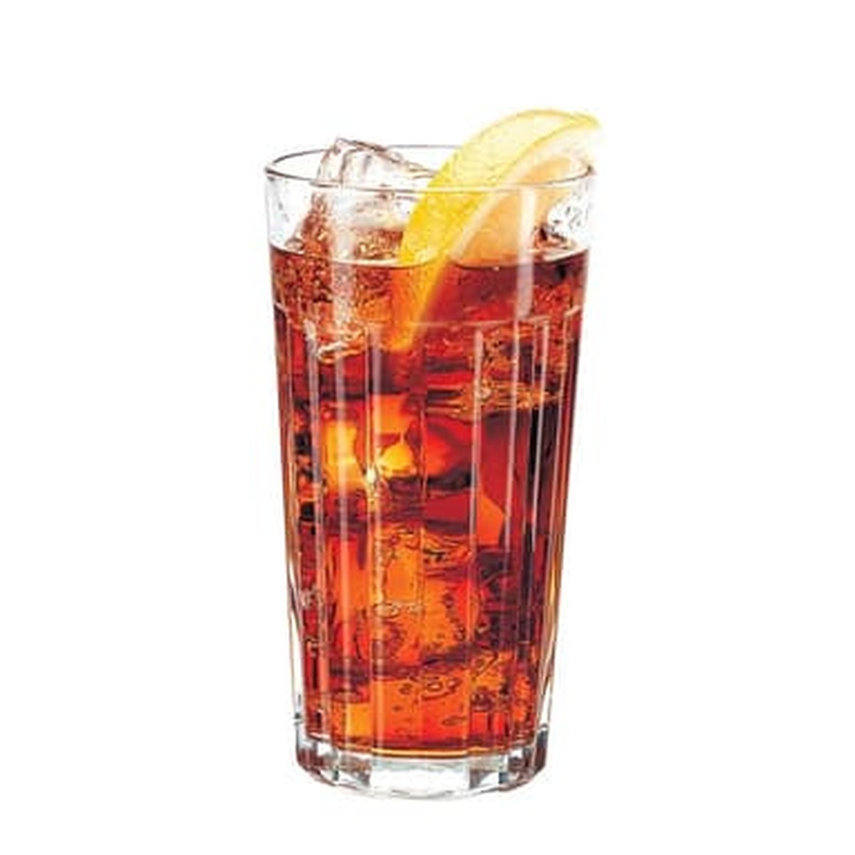Libbey paneled cooler glass filled with iced tea, ice, and a lemon wedge garnish