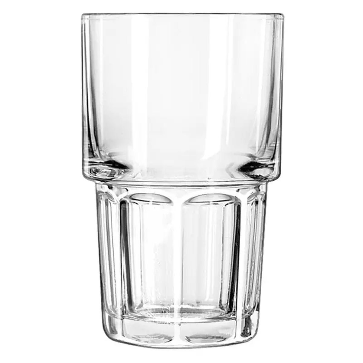 Libbey Gibraltar 15654 clear 12 oz stackable beverage glass with paneled base and inner ridge