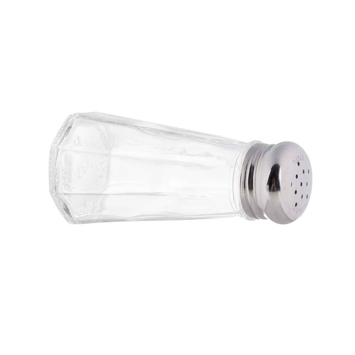 Single TableCraft 156S&P paneled glass shaker lying on its side showing perforated stainless steel top