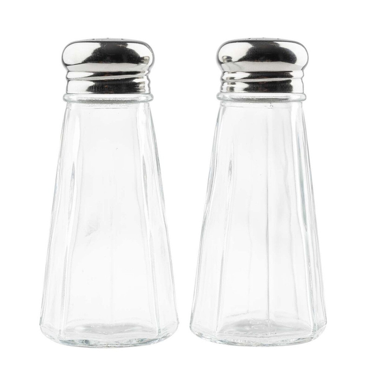 TableCraft 156S&P pair of paneled glass salt and pepper shakers with stainless steel tops on white background