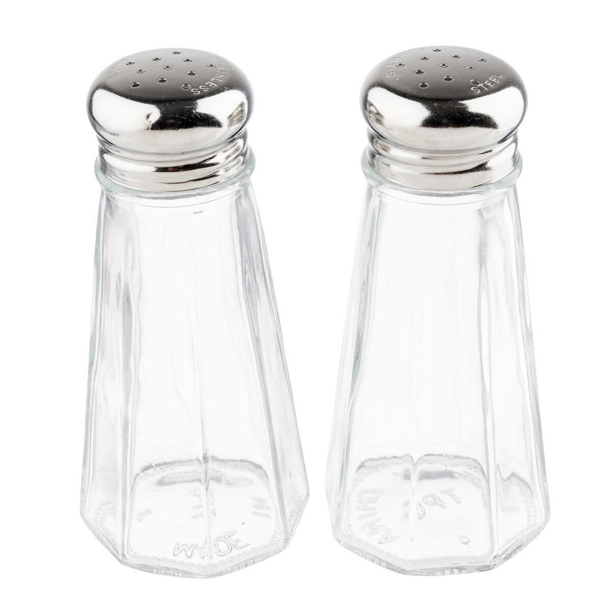 TableCraft 156S&P pair of glass shakers showing embossed Stainless Steel text on perforated tops