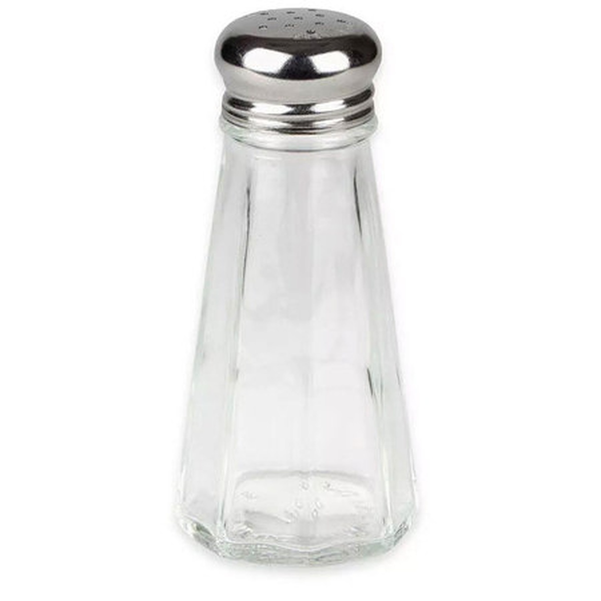 TableCraft 156S&P-2 clear paneled glass shaker with polished stainless steel perforated top