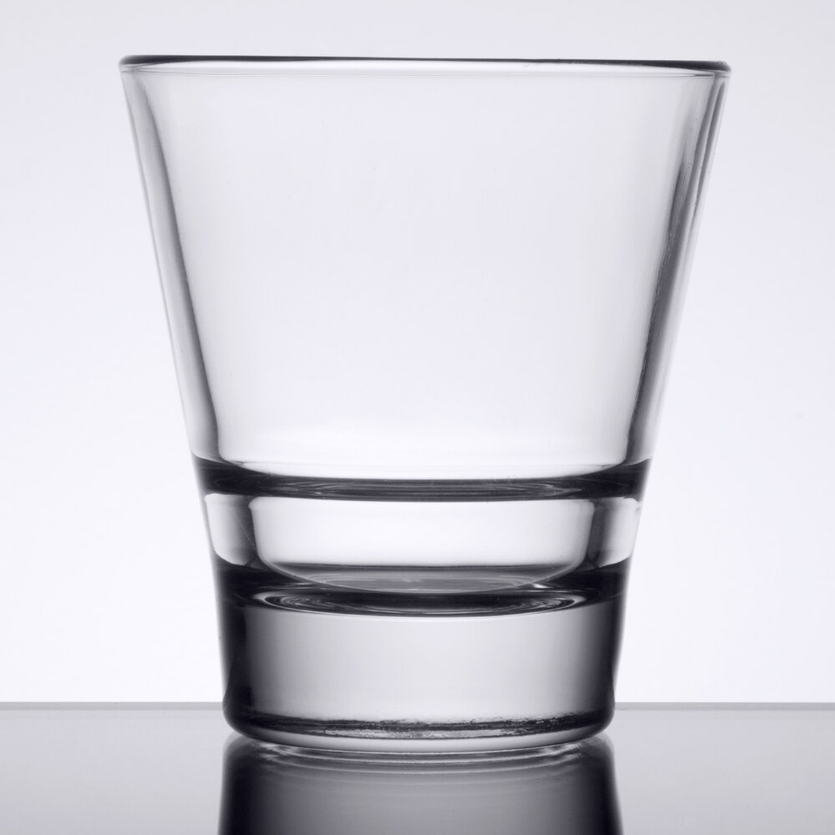 Libbey 15710 Endeavor 9 oz clear rocks glass, side profile view showing heavy base and tapered body