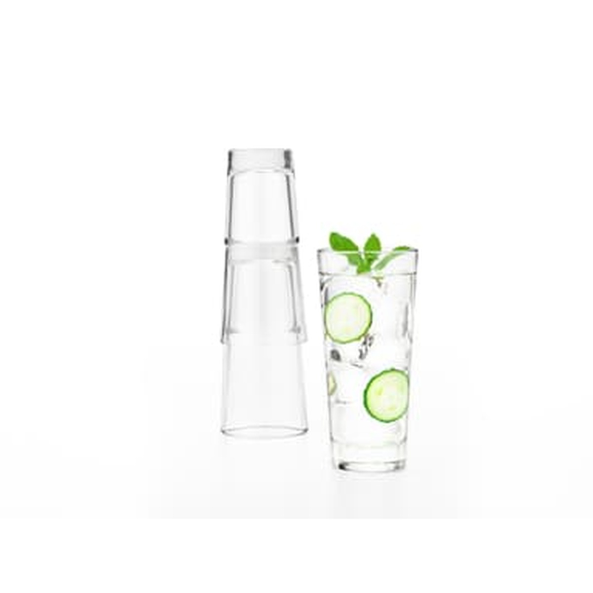Libbey Endeavor cooler glasses stacked on the left alongside a single glass filled with a cucumber water drink and mint garnish