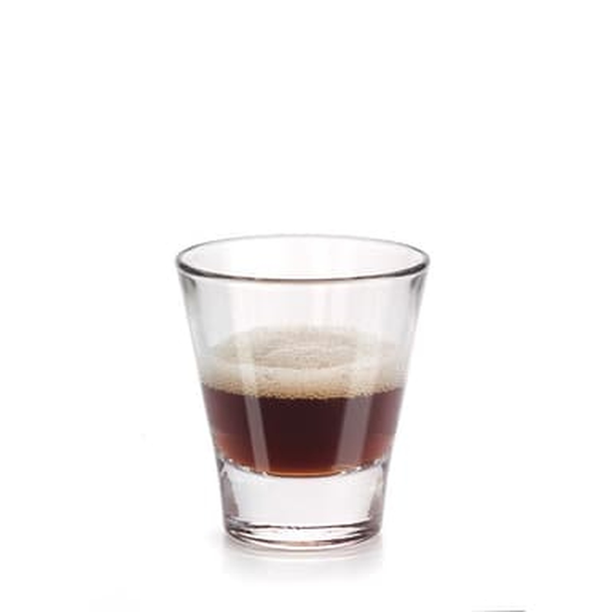 Libbey Endeavor espresso glass filled with freshly pulled espresso shot, showing crema on white background