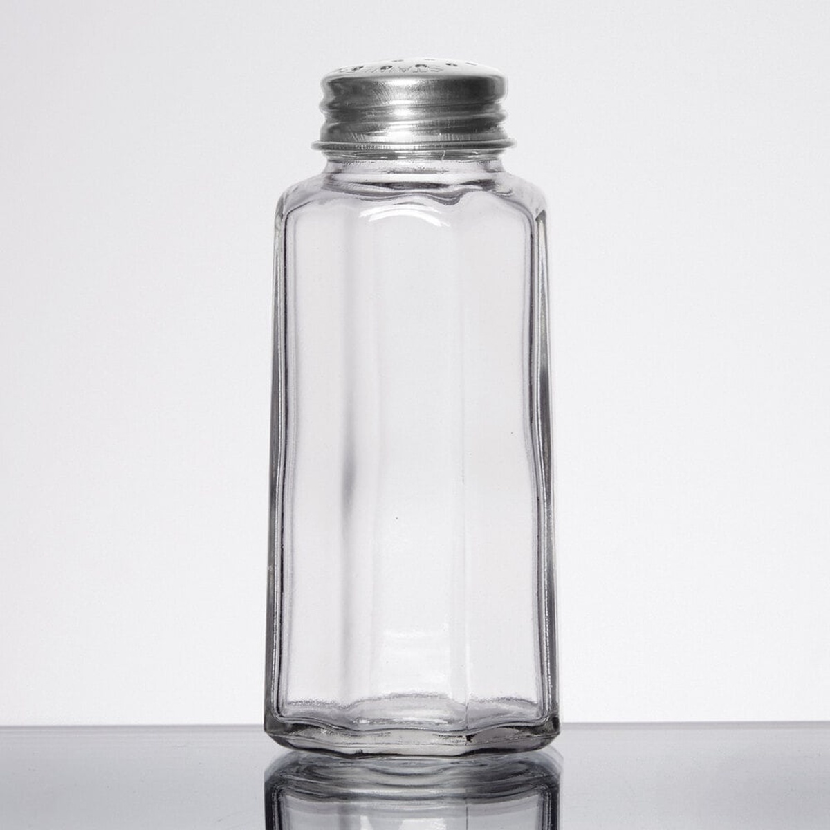 TableCraft 157S&P clear flat-paneled glass salt and pepper shaker with stainless steel screw top