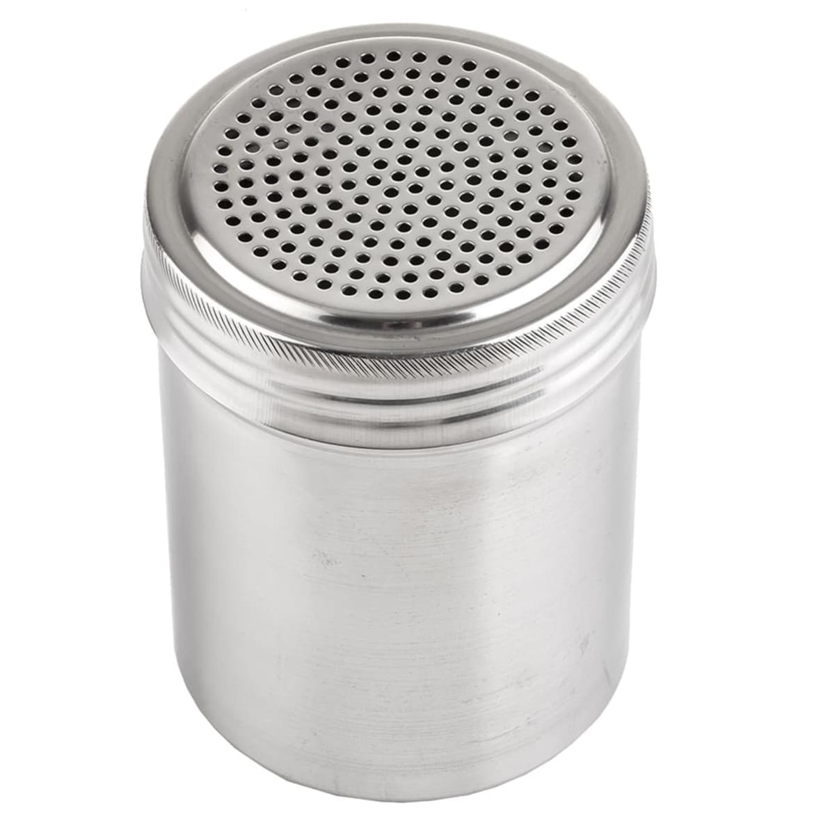 Tablecraft 159 stainless steel 10 oz dredge with perforated medium top, angled view