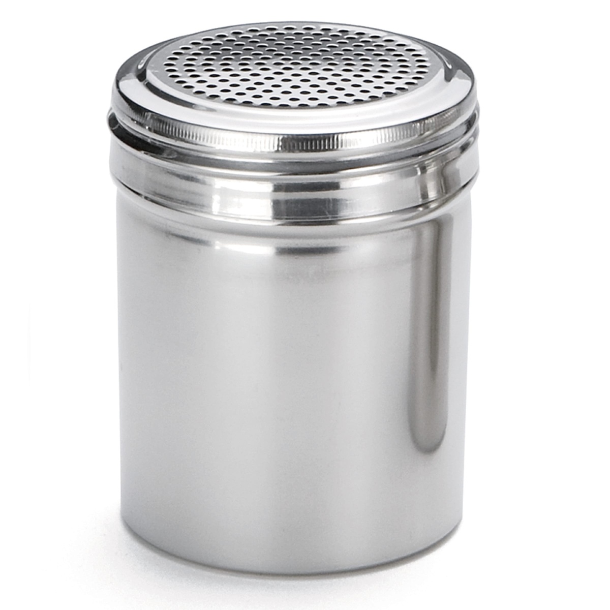 Tablecraft 159 stainless steel dredge front profile showing polished body and screw-on perforated lid