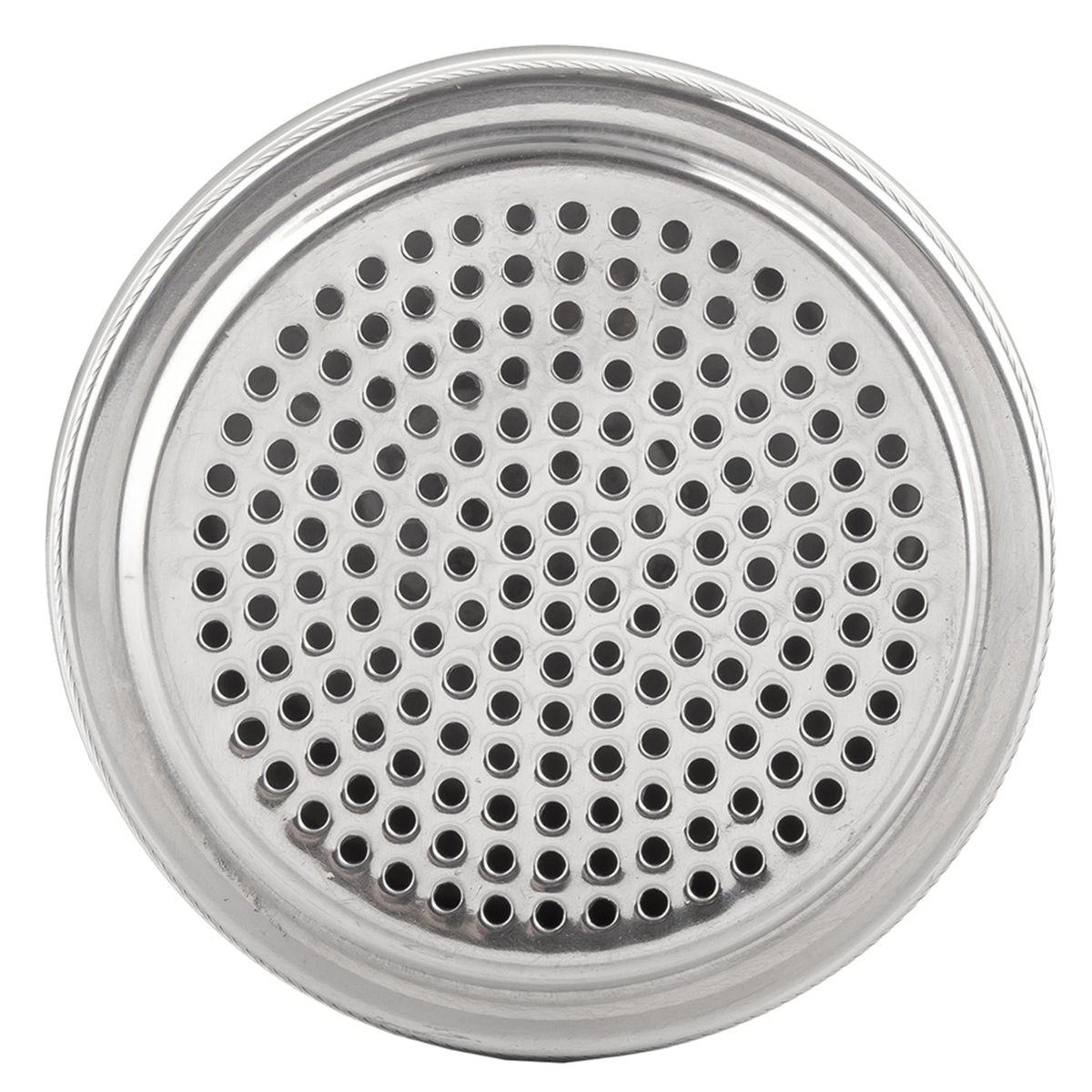 Close-up top-down view of the Tablecraft 159 dredge perforated stainless steel lid