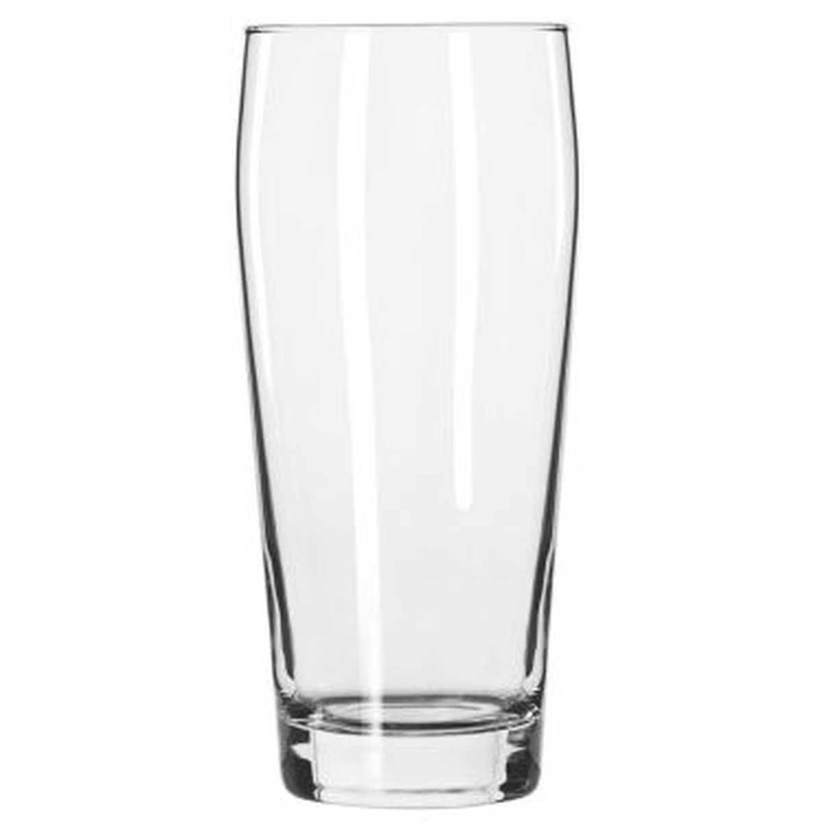 Libbey 16 oz clear pub glass with curved bell shape on white background