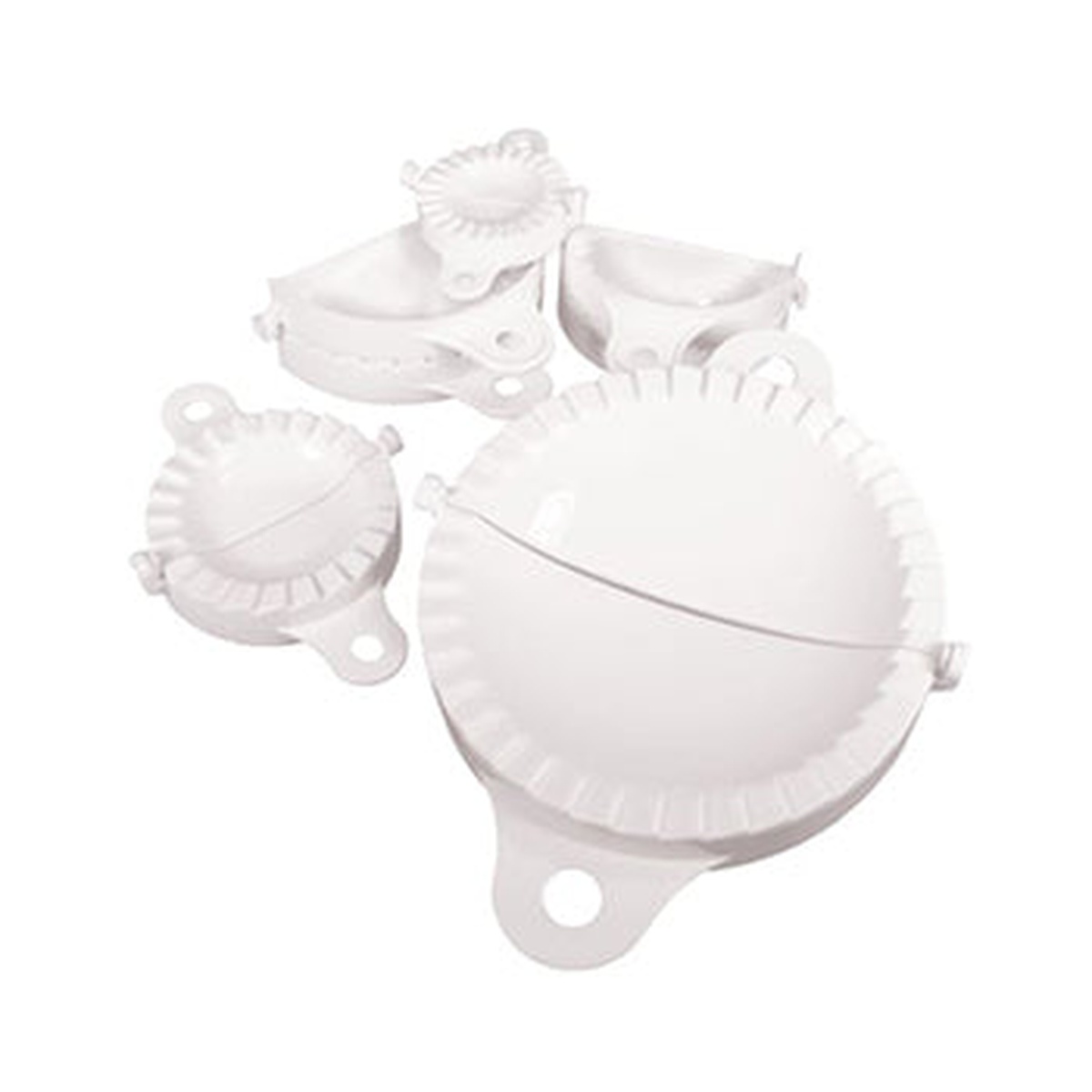 Weston 5-Piece Ravioli Maker Kit showing five white plastic molds in graduated sizes
