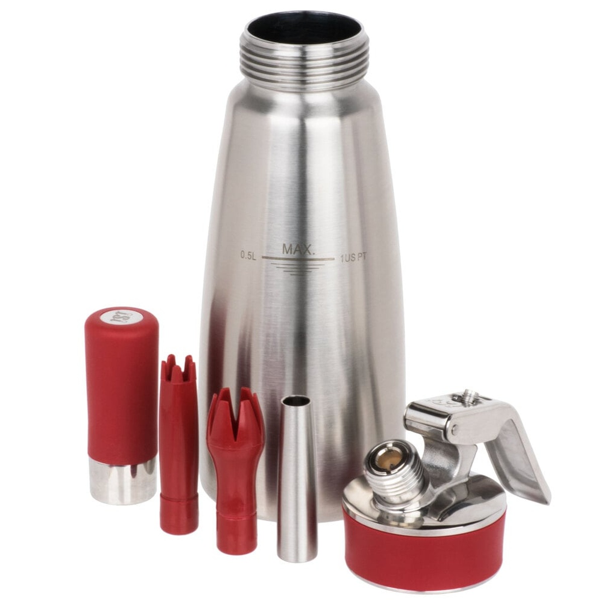 iSi Gourmet Whip Plus dispenser fully disassembled showing stainless steel bottle body, head assembly, tulip tip, star tip, straight tip, and charger holder