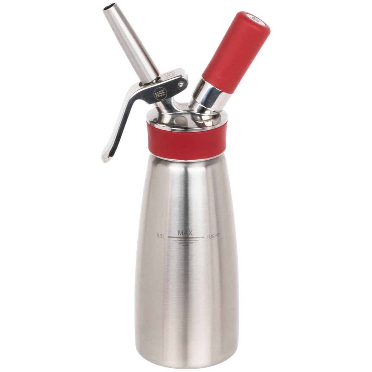 iSi Gourmet Whip Plus assembled with straight stainless steel tip and charger holder, showing MAX fill line at 0.5L / 1 US PT on the brushed stainless body