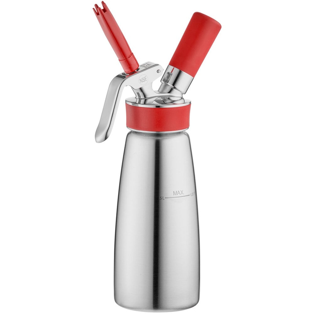 iSi Gourmet Whip Plus dispenser assembled with tulip and star tips attached, brushed stainless steel body with red silicone accents