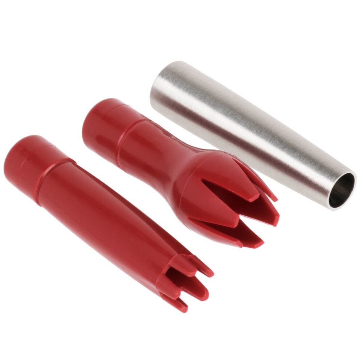 Close-up of three included dispenser tips: tulip tip, star tip, and straight stainless steel tip
