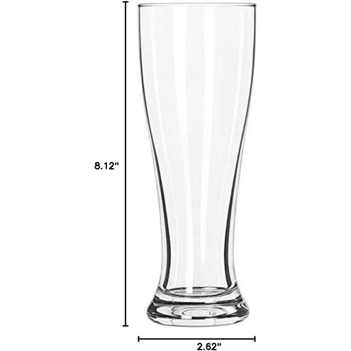 Libbey 1604 pilsner glass with dimension callouts showing 8.12 inch height and 2.62 inch base width