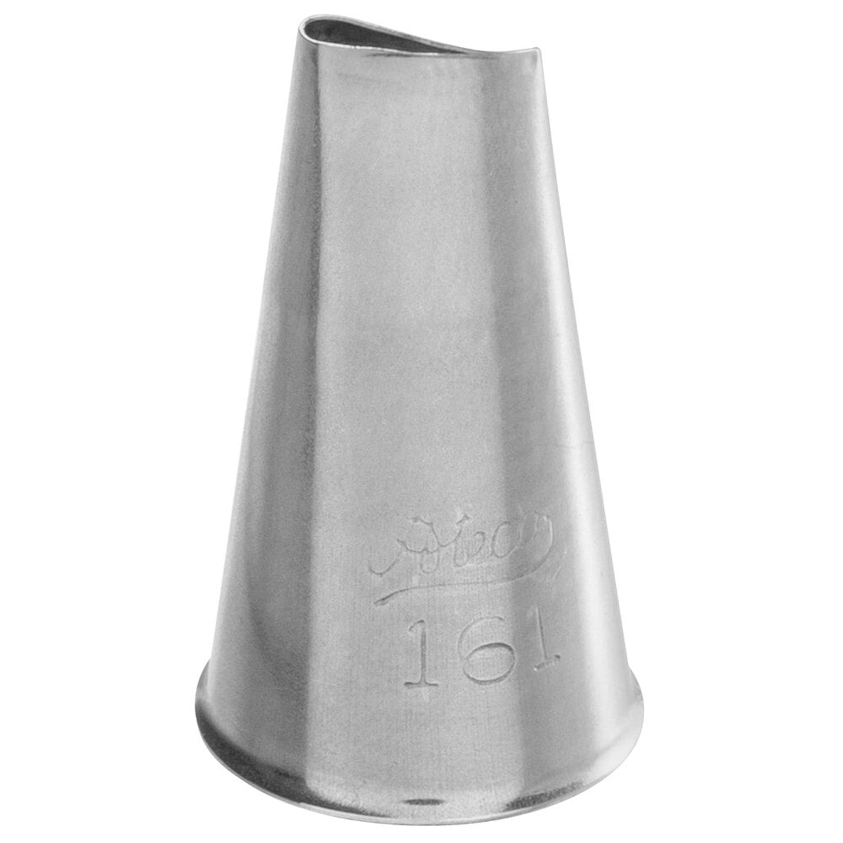Ateco 161 stainless steel left-handed curved petal piping tip showing angled opening and embossed number marking