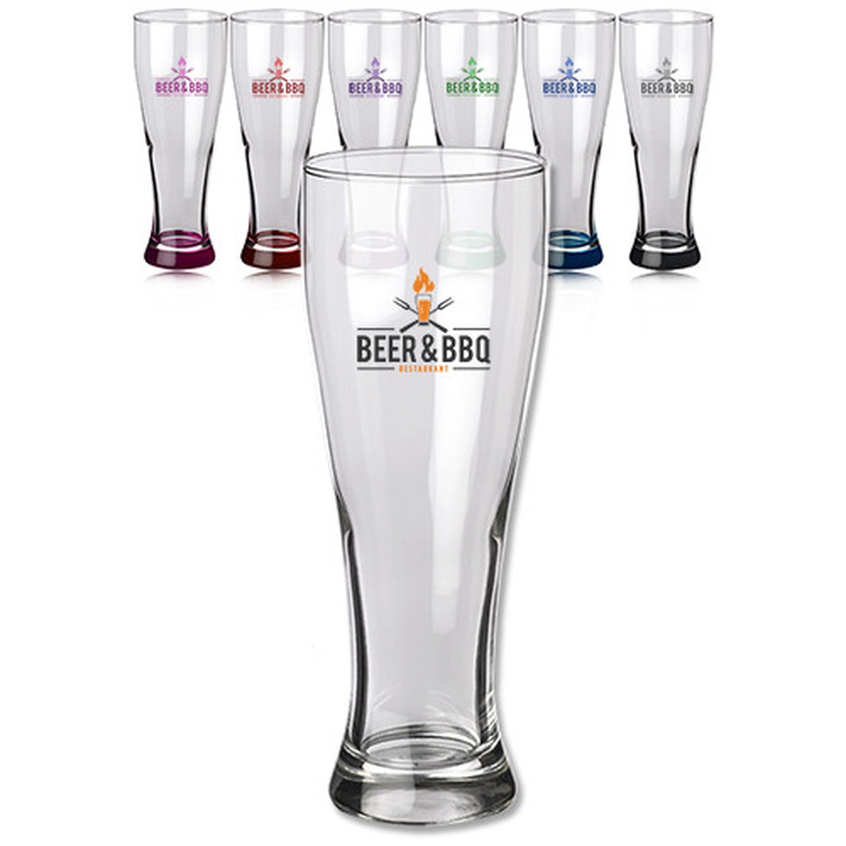 Libbey 1610 23 oz Giant Pilsner Glasses shown in clear and assorted tinted base variants