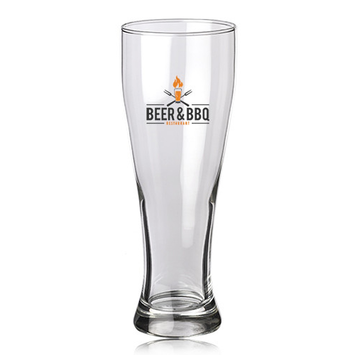 Single Libbey 1610 23 oz Giant Pilsner Glass with custom printed logo on white background