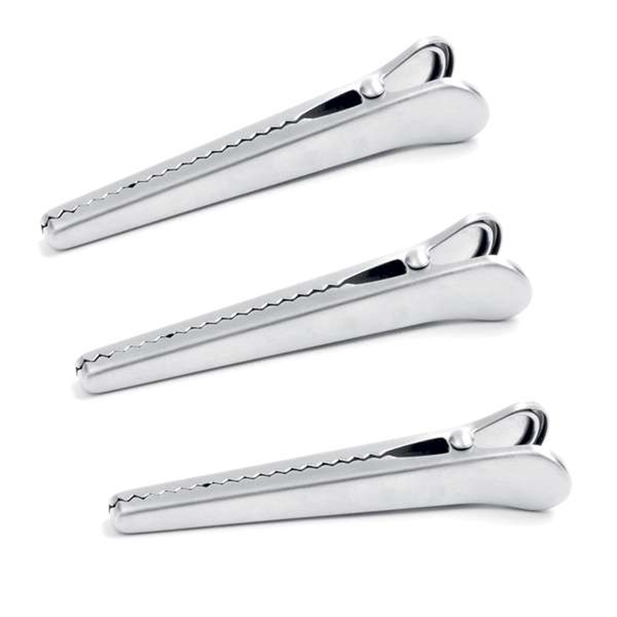 Three Norpro stainless steel jaw clips on a white background showing ribbed teeth and spring mechanism