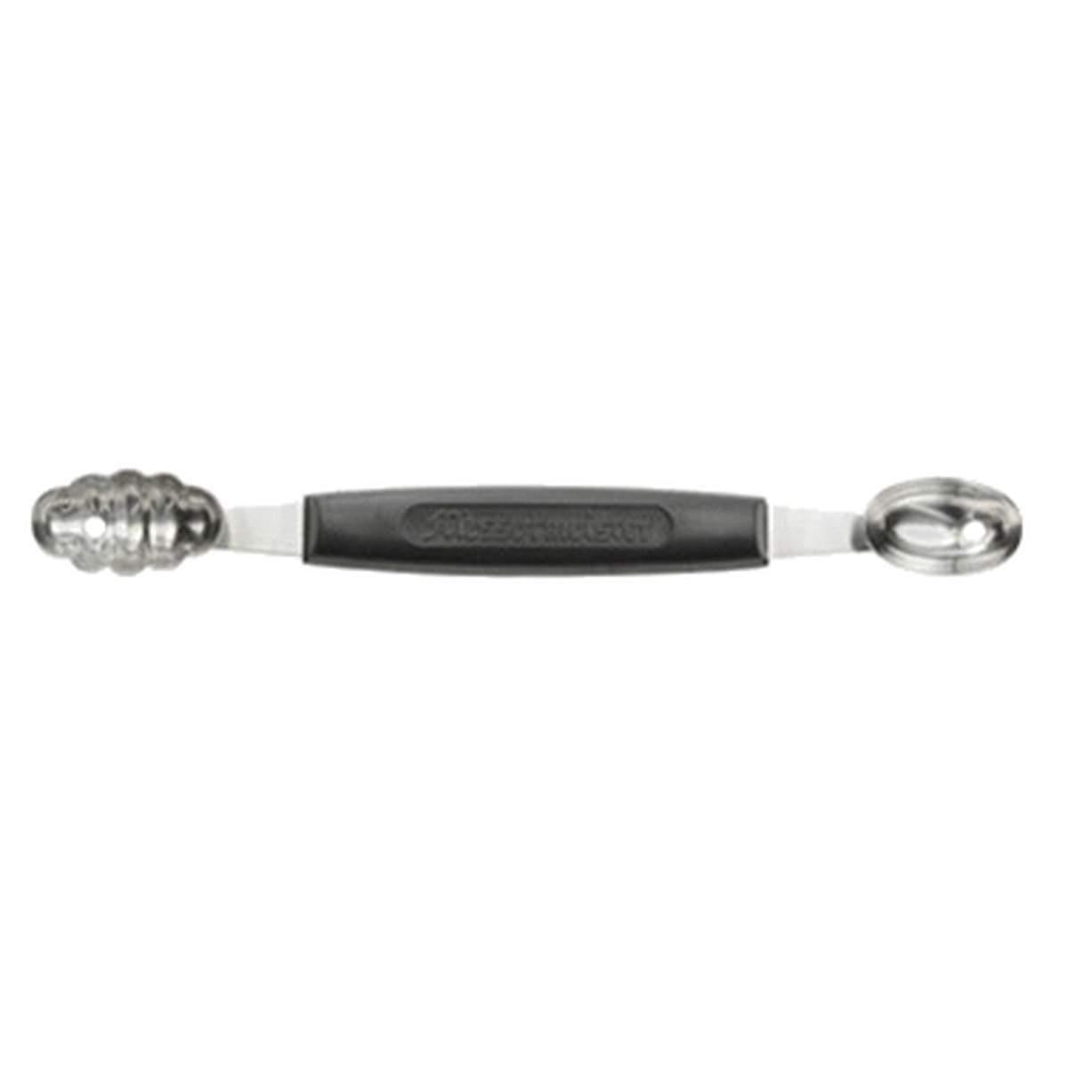 Messermeister 164 double-ended oval melon baller with black handle and stainless steel baller heads