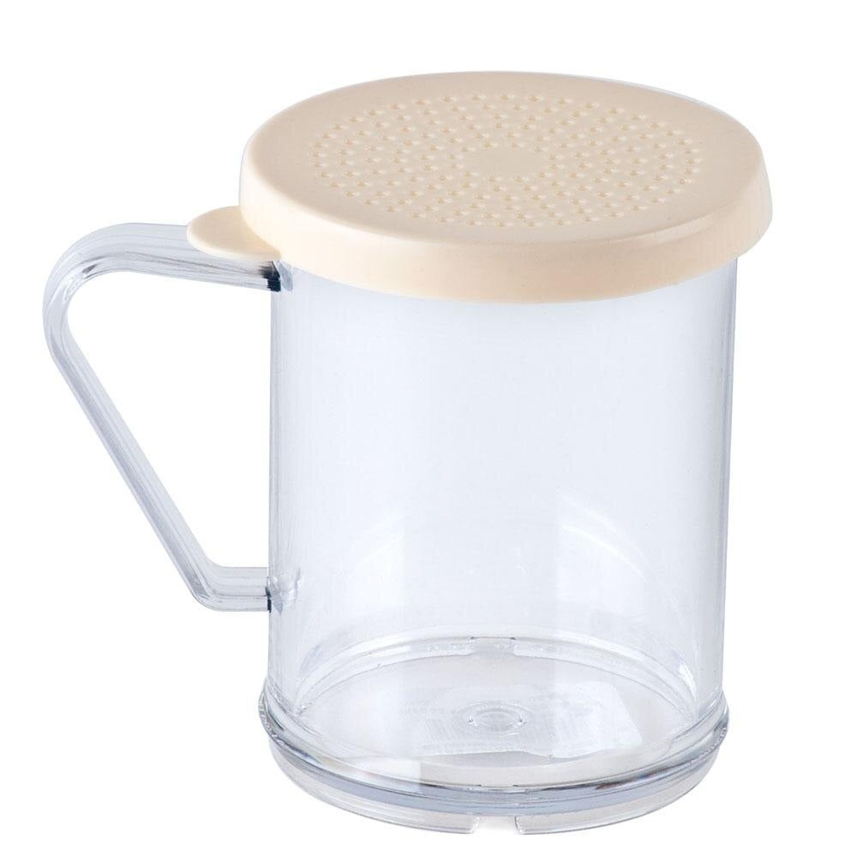Tablecraft 166A clear polycarbonate dredge shaker with beige perforated snap-tight lid and integrated handle