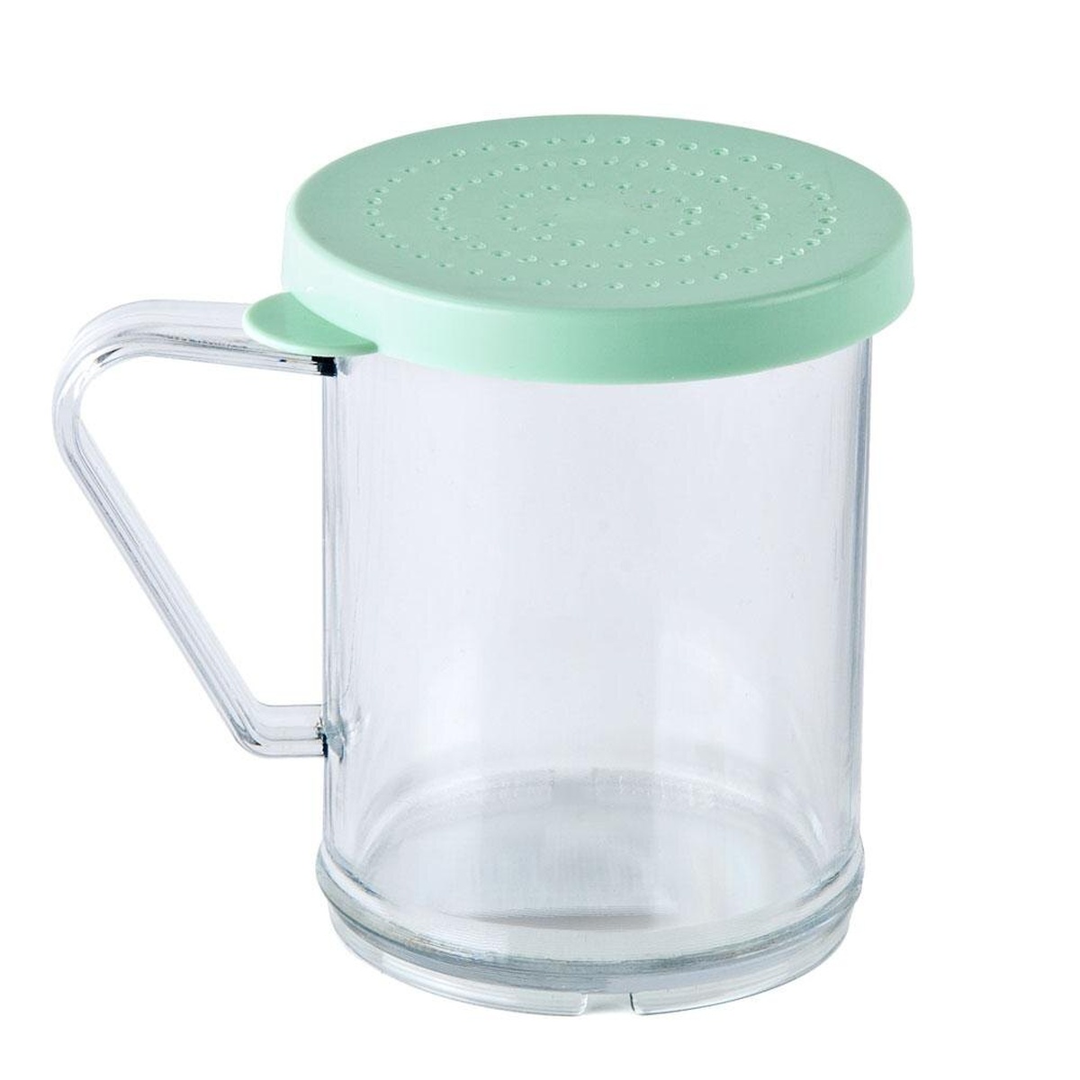Tablecraft 166B 10 oz clear polycarbonate dredge shaker with green perforated snap-tight lid and integrated handle