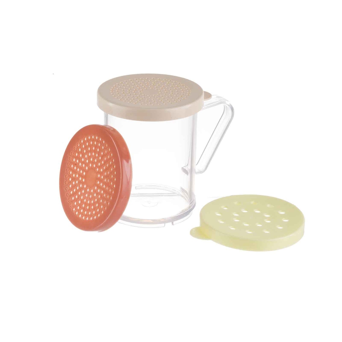 Tablecraft 166F clear polycarbonate dredge jar with beige lid attached and rose and yellow lids displayed alongside