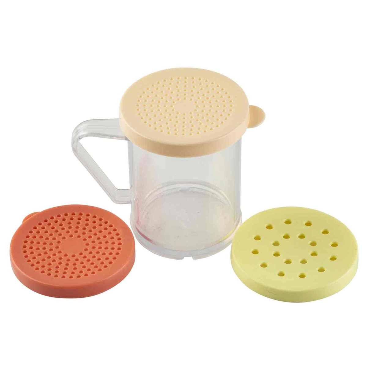 Tablecraft 166F clear dredge jar with beige lid on top and rose and yellow lids laid flat beside it on white background