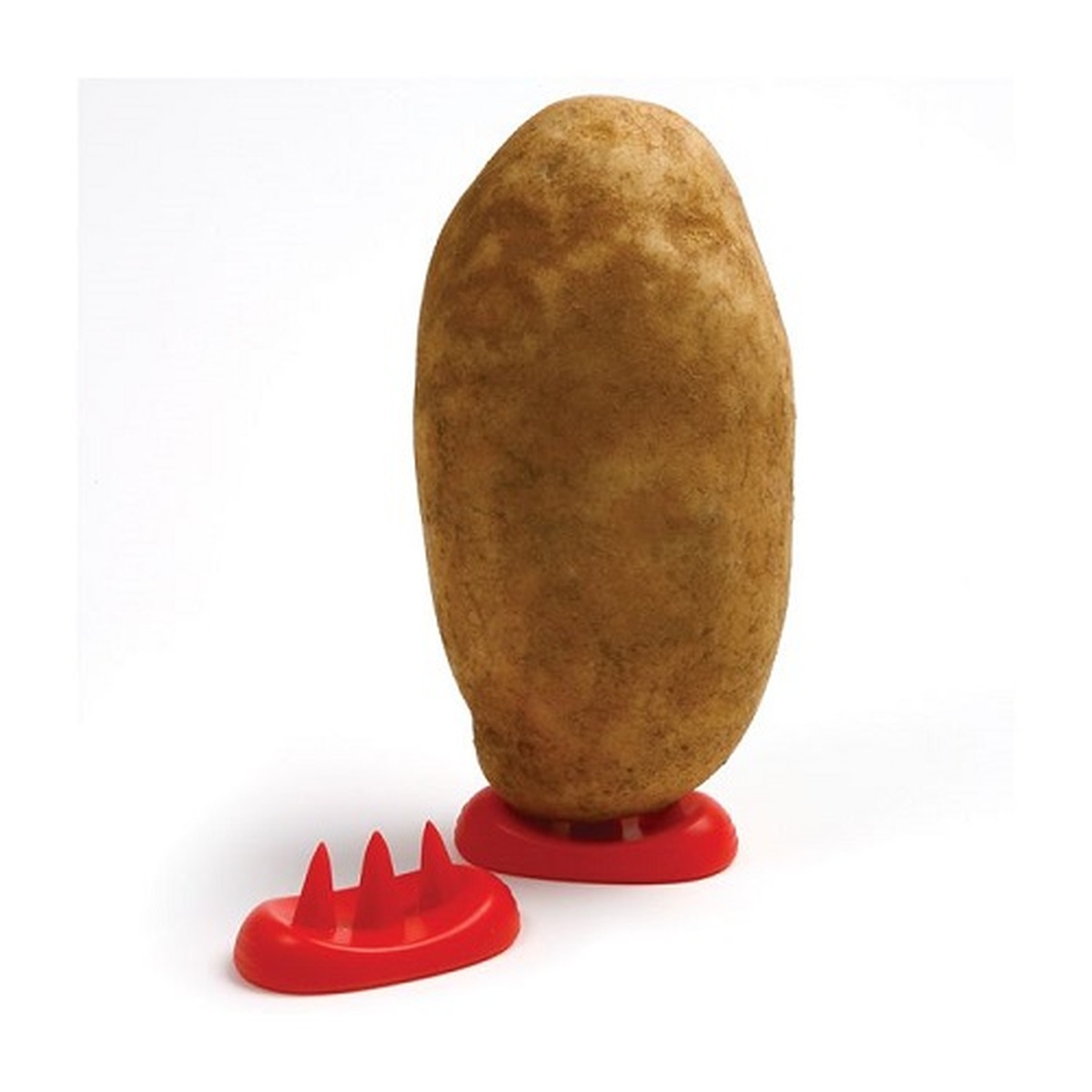 Norpro 167D red plastic Perfect Potato Feet with prongs shown next to a russet potato standing upright on the foot