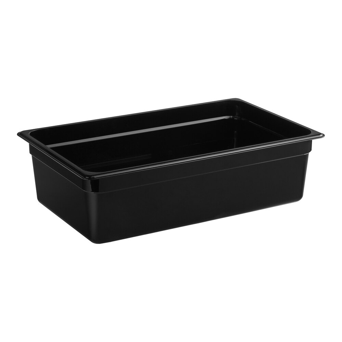 Cambro 16CW110 full size black polycarbonate food pan, 6 inches deep, angled view showing interior and flange