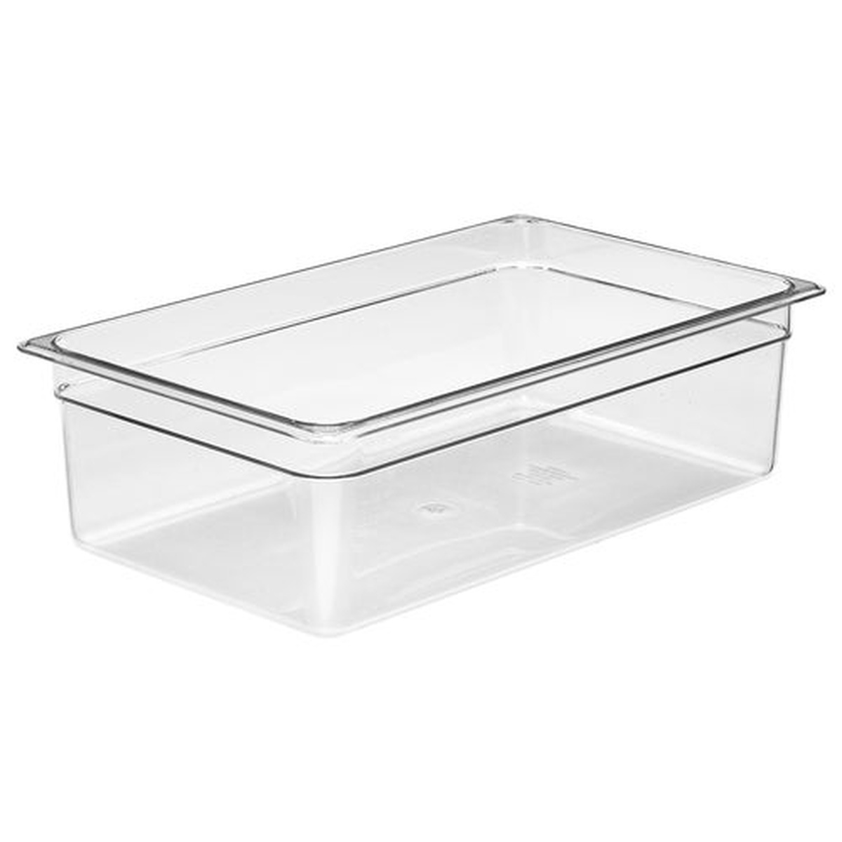 Cambro 16CW135 full-size clear polycarbonate food pan, 6-inch deep, shown at an angle